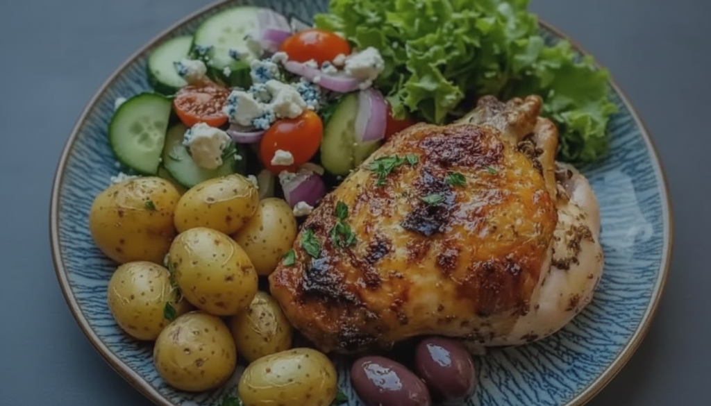 A colorful Mediterranean Roasted Chicken Plate with vegetables and quinoa.
