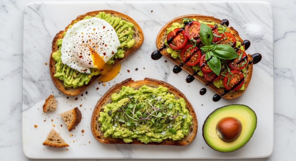 Three varieties of healthy avocado toast on sourdough bread with various toppings.