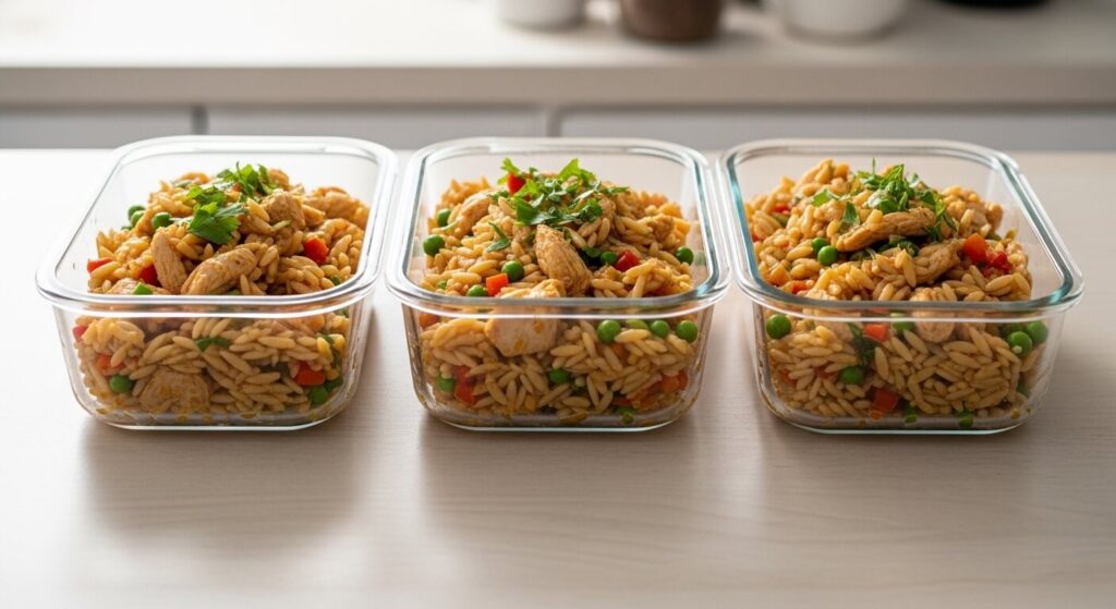 Chicken orzo meal prep containers for the week.