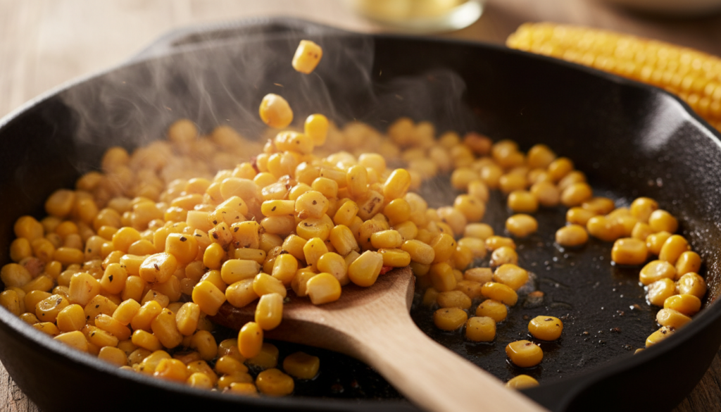 Sautéing corn in a skillet for honey butter recipe.