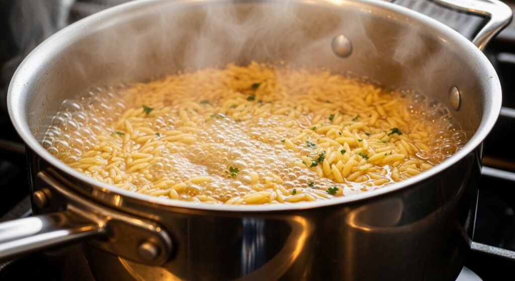 Cooking orzo pasta in chicken broth.