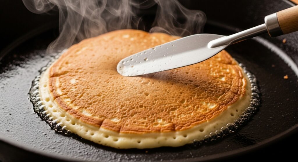 Flipping a golden brown blueberry pancake on a skillet.