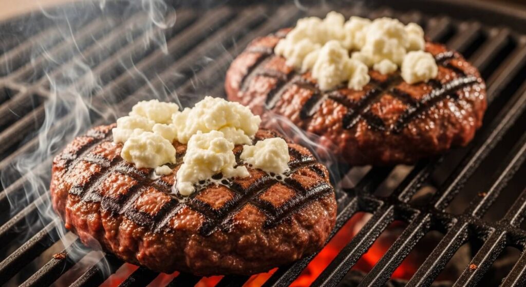 Grilling Mediterranean beef burgers with melting goat cheese.