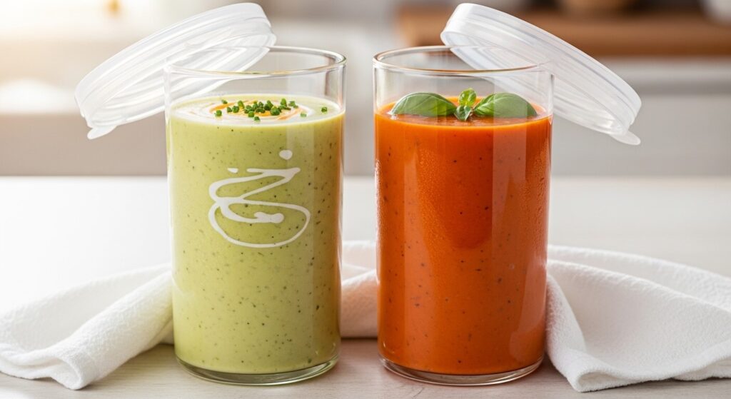 Storing leftover Pasta e Fagioli in glass meal prep containers.