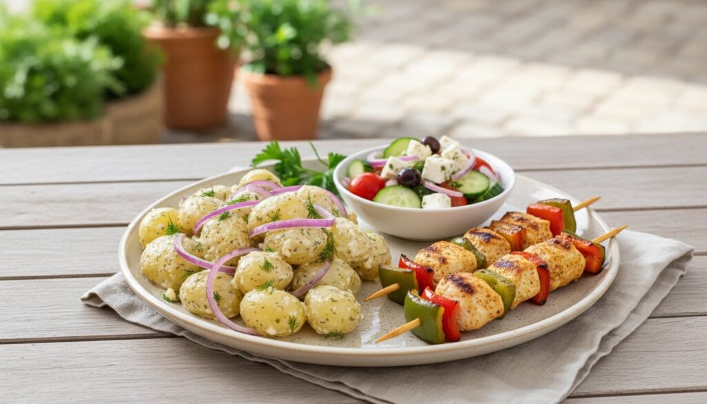 Serving suggestion for Mediterranean yogurt potato salad with grilled chicken.