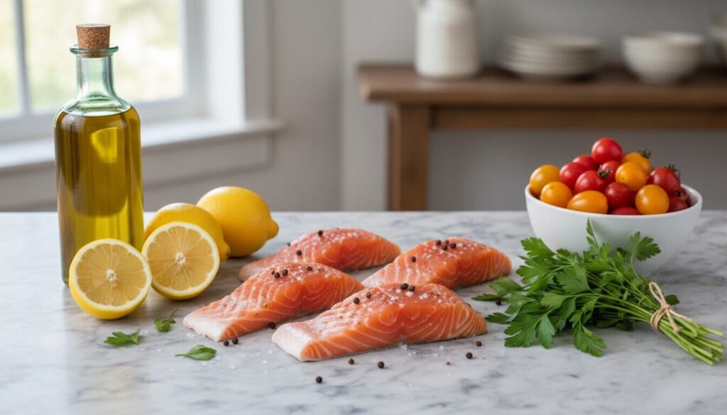 Ingredients for Mediterranean salmon salad recipe including fresh salmon and vegetables.