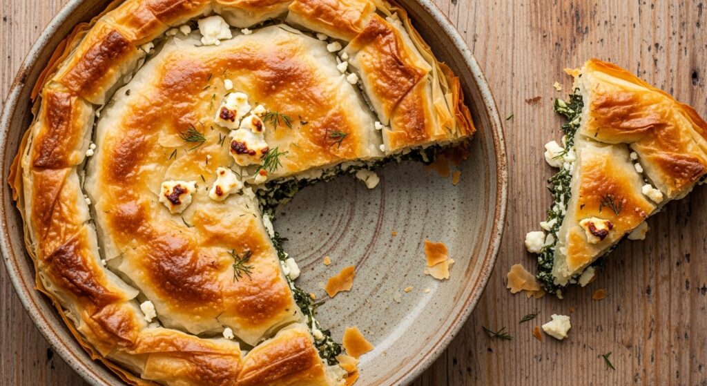 Authentic Greek spinach and feta pie in a baking dish.