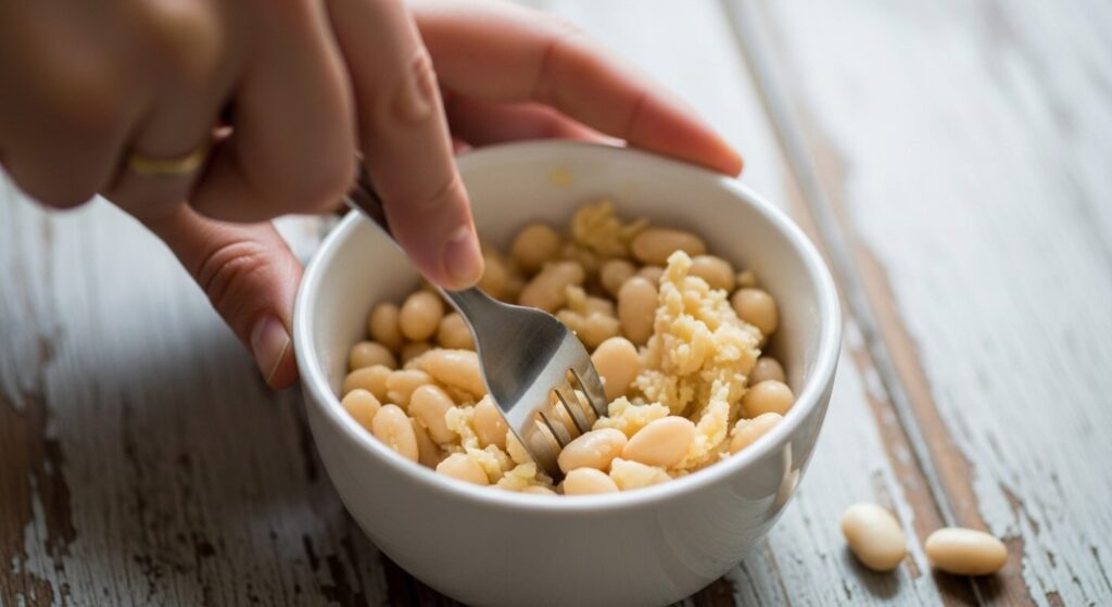 Mashing cannellini beans to thicken Pasta e Fagioli soup naturally.