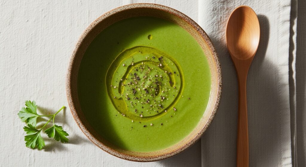 A bowl of Mediterranean Cleansing Green Detox Soup with olive oil garnish.