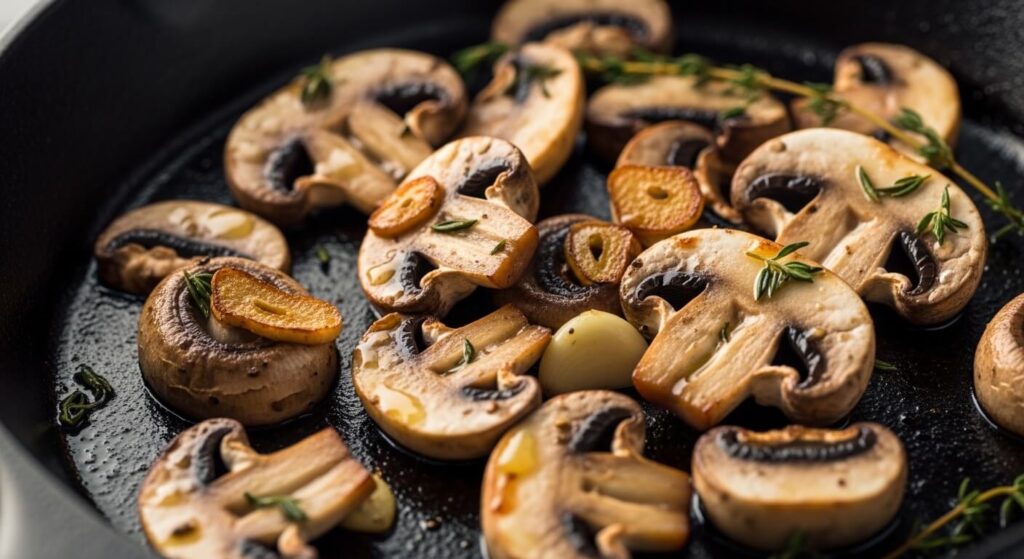 Sautéing cremini mushrooms in olive oil for scrambled eggs.