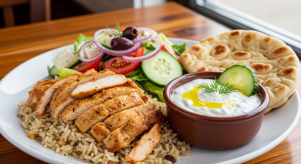 Mediterranean turmeric chicken served with tzatziki and pita bread.