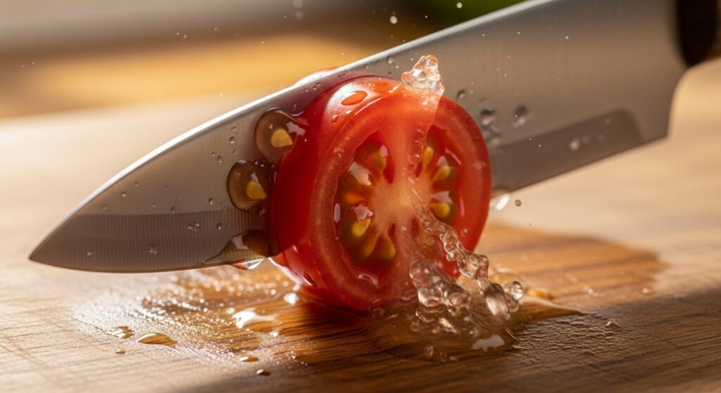 Slicing fresh cherry tomatoes for a healthy tomato salad recipe.