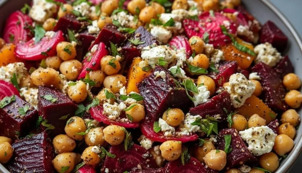 A colorful Mediterranean Chickpea, Beet and Feta Salad with Lemon-Garlic Vinaigrette in a rustic bowl.