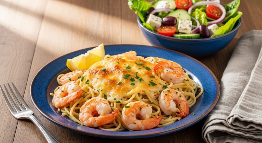 A plated serving of shrimp pasta bake with a side salad.