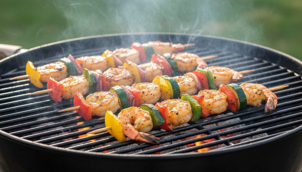 Grilling Mediterranean shrimp kabobs on an outdoor BBQ.