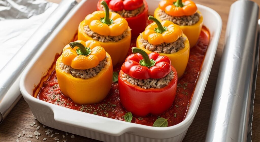 Raw stuffed peppers in a tomato-based sauce before baking.