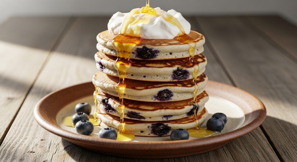 A stack of fluffy blueberry pancakes with Greek yogurt and honey.