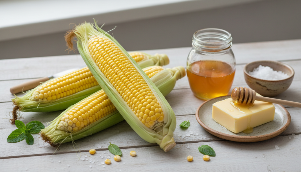 Ingredients for sweet corn with honey butter on a wooden table.