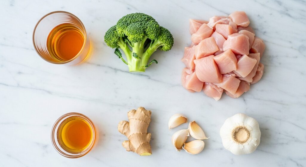 Ingredients for homemade bourbon chicken sauce and stir fry.