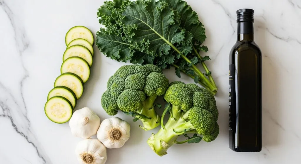Fresh green vegetables and olive oil for Mediterranean detox recipe.
