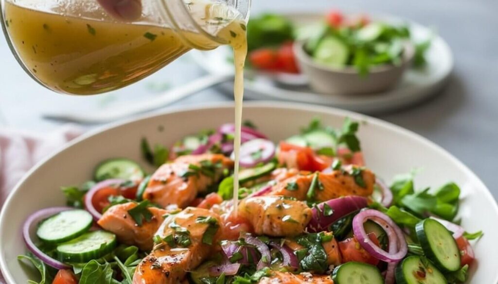 Drizzling lemon herb vinaigrette over a fresh salmon avocado salad.