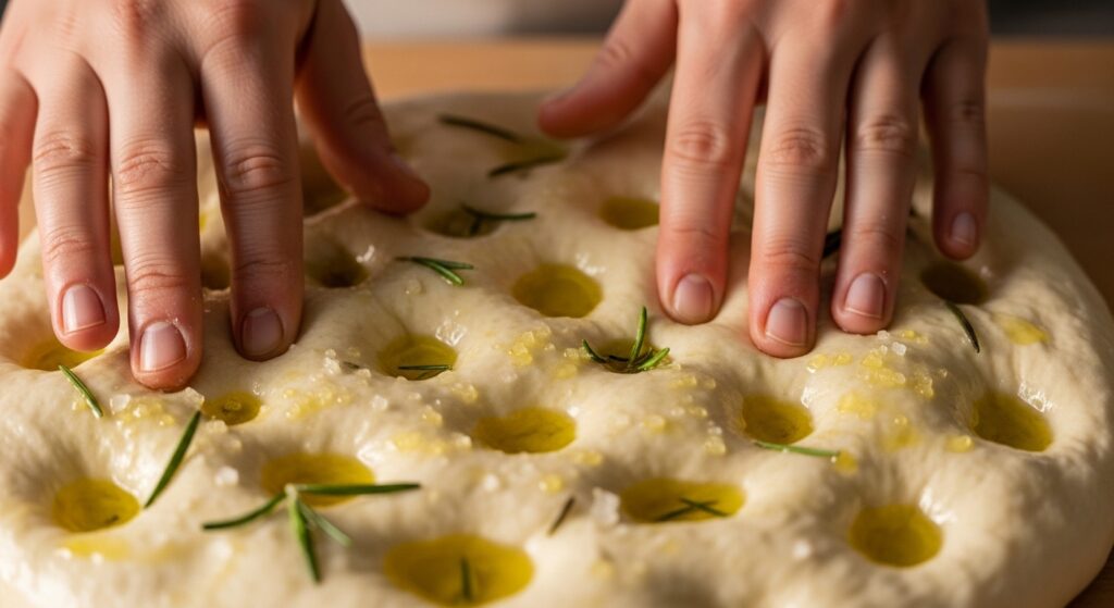 Hands dimpling focaccia dough with olive oil.