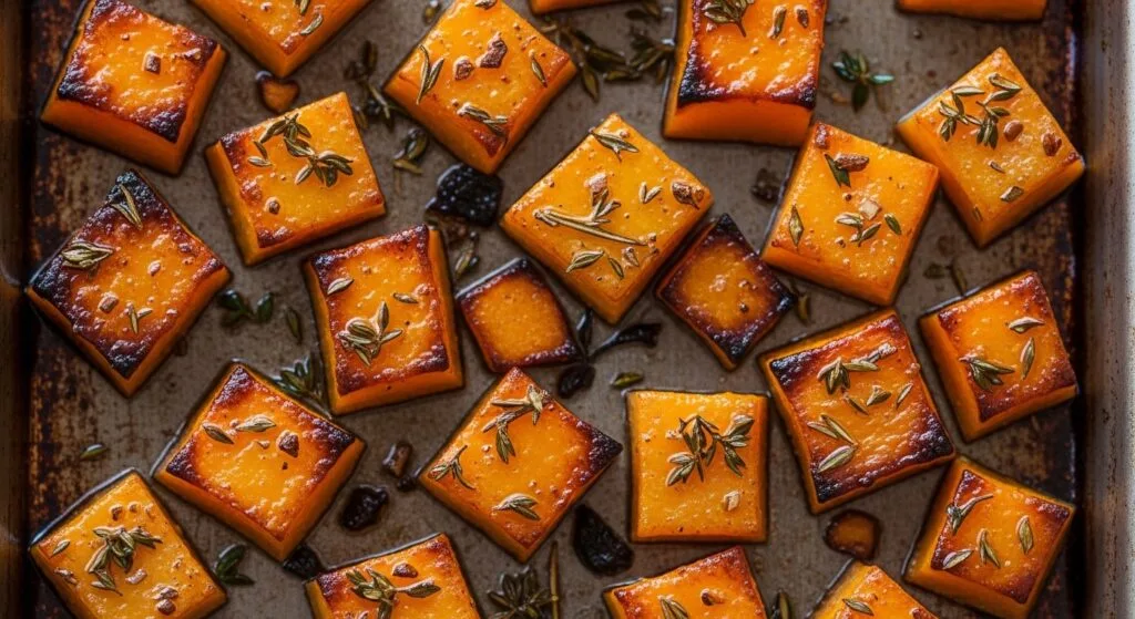 Roasted butternut squash cubes on a baking sheet with herbs.