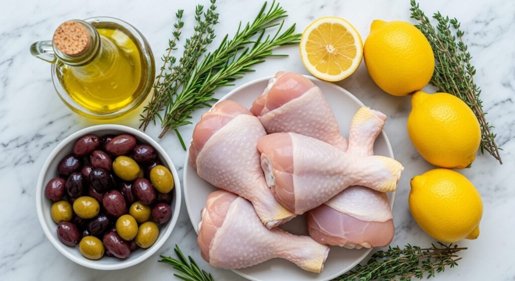 Raw ingredients for a Mediterranean chicken stir fry recipe.