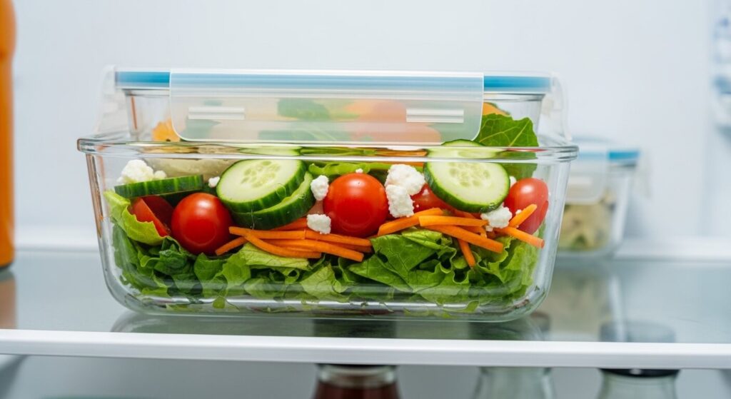Mediterranean pineapple cucumber salad stored in a glass meal prep container.