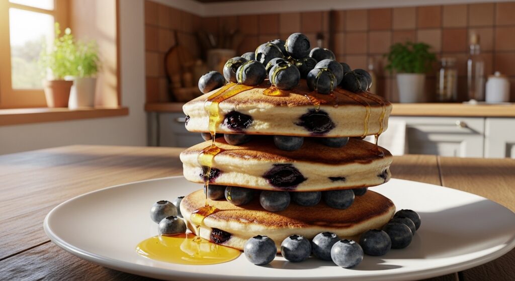 A stack of fluffy blueberry pancakes with honey drizzle and fresh berries.