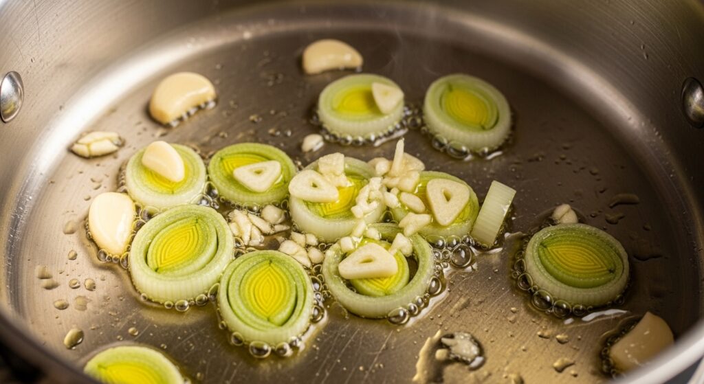 Sautéing leeks and garlic in olive oil for soup base.