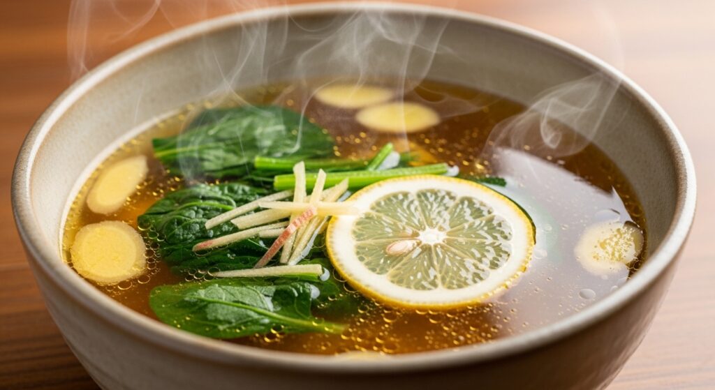 Healing Lemon Ginger Detox Broth with Miso and Spinach in a white bowl.