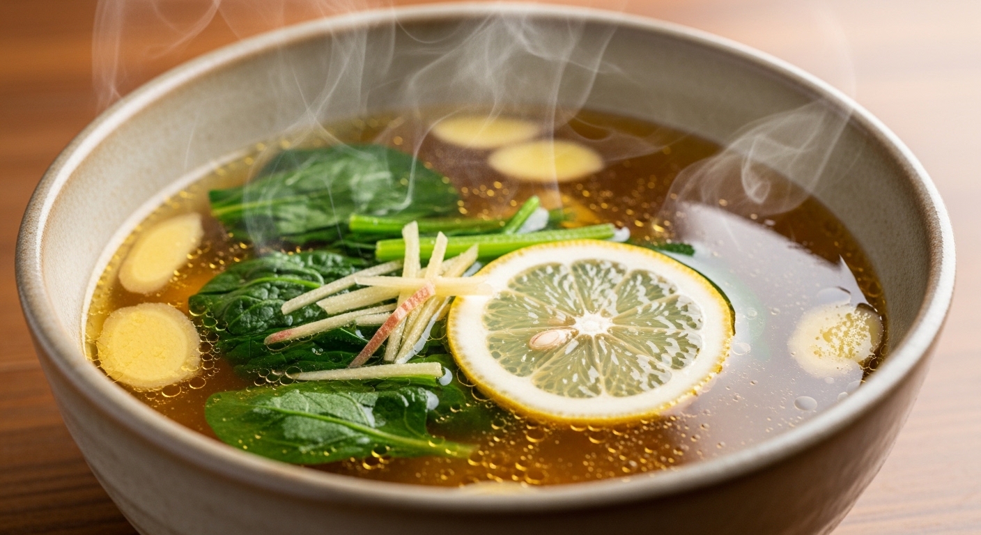 Healing Lemon Ginger Detox Broth with Miso and Spinach in a white bowl.