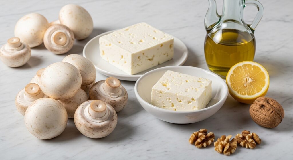 Ingredients for Mediterranean mushroom walnut salad.