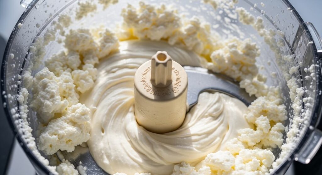 Blending cottage cheese in a food processor to make a creamy dip.