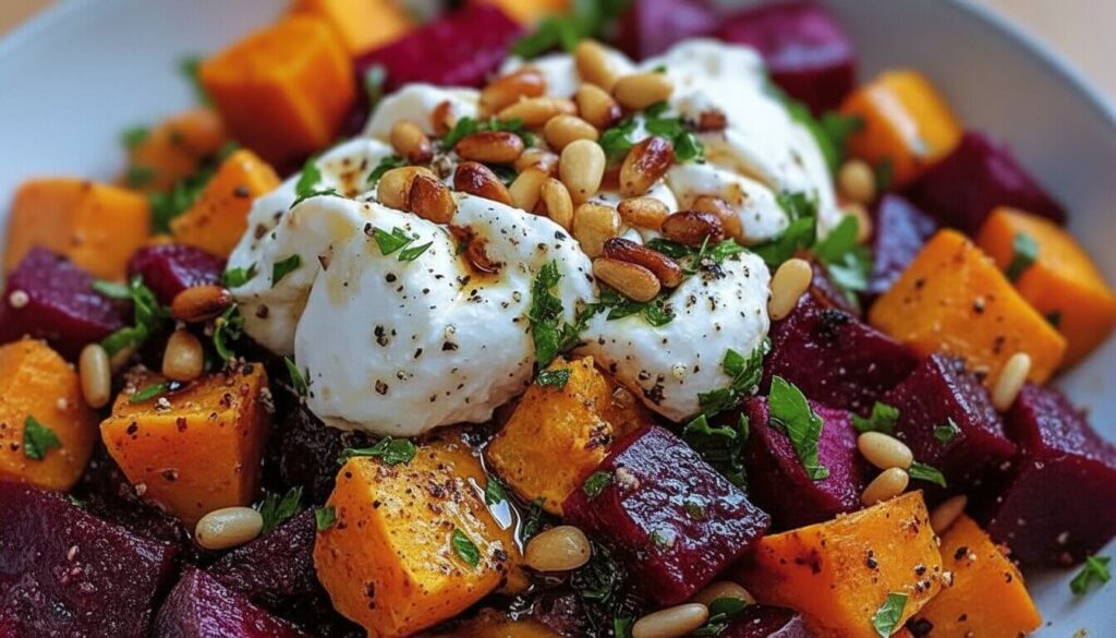 Roasted beet and butternut squash salad with burrata and pine nuts on a white platter.