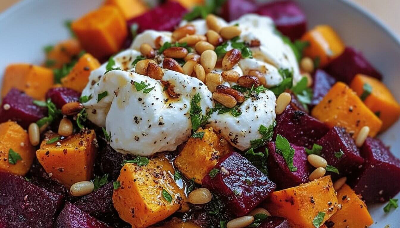 Roasted beet and butternut squash salad with burrata and pine nuts on a white platter.