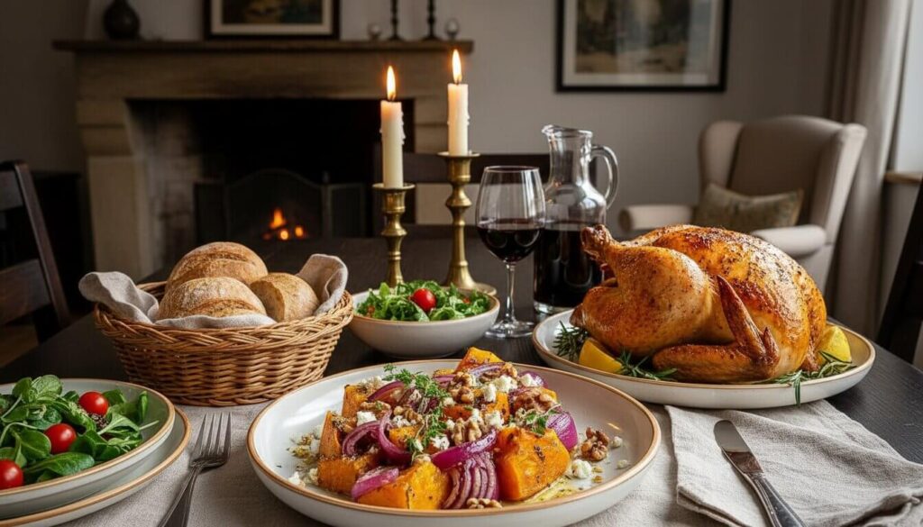 Mediterranean dinner spread featuring roasted butternut squash side dish.