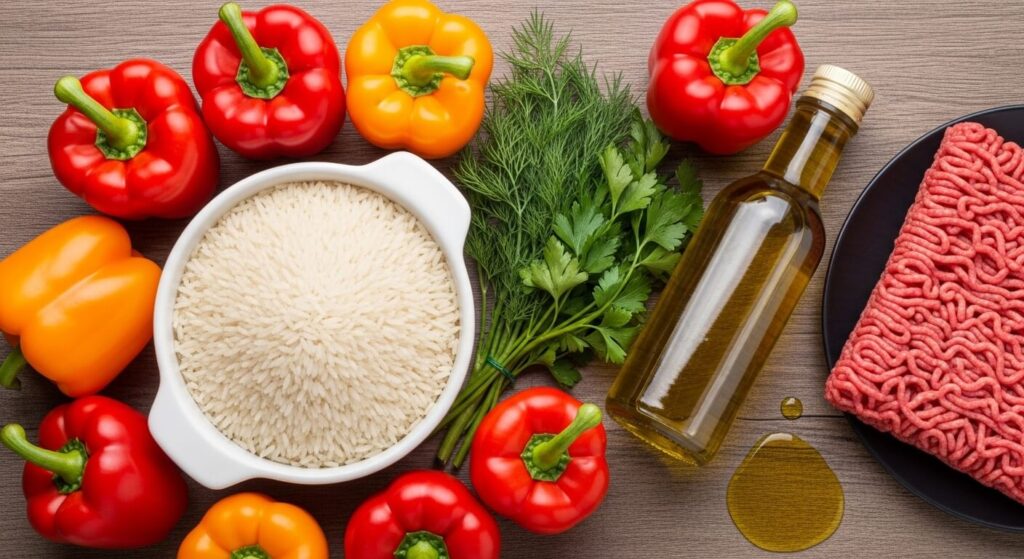 Ingredients for making healthy Mediterranean stuffed bell peppers.