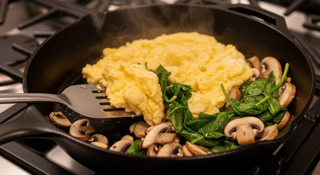 Folding soft scrambled eggs with vegetables in a non-stick pan.