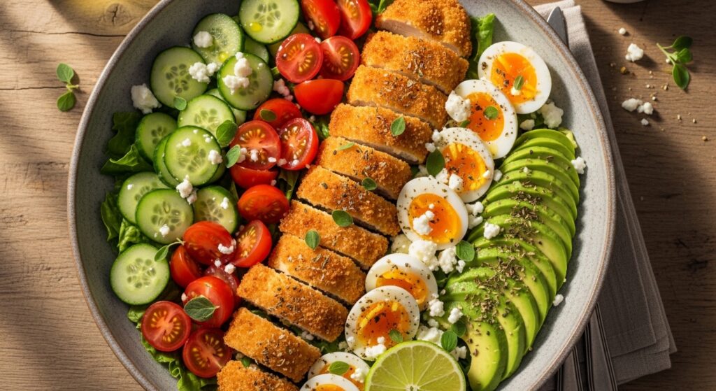 Top-down view of a healthy crispy chicken cobb salad with Mediterranean vegetables and avocado.