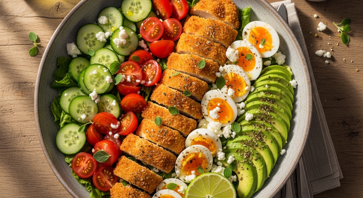 Top-down view of a healthy crispy chicken cobb salad with Mediterranean vegetables and avocado.
