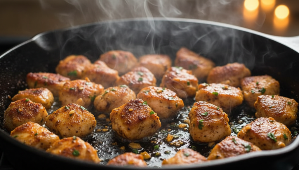 Searing chicken bites in a skillet to achieve a golden-brown crust.