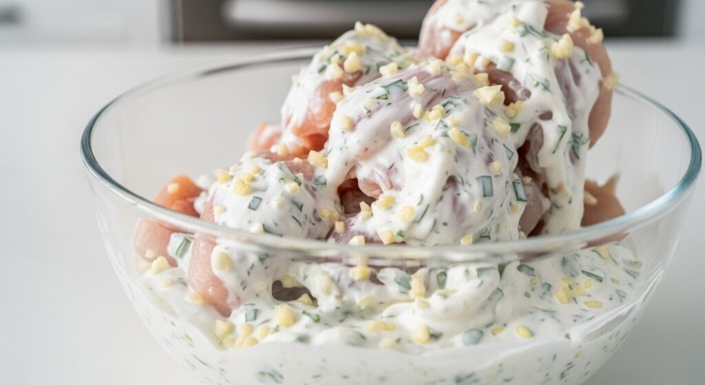 Raw chicken coating in yogurt garlic marinade.