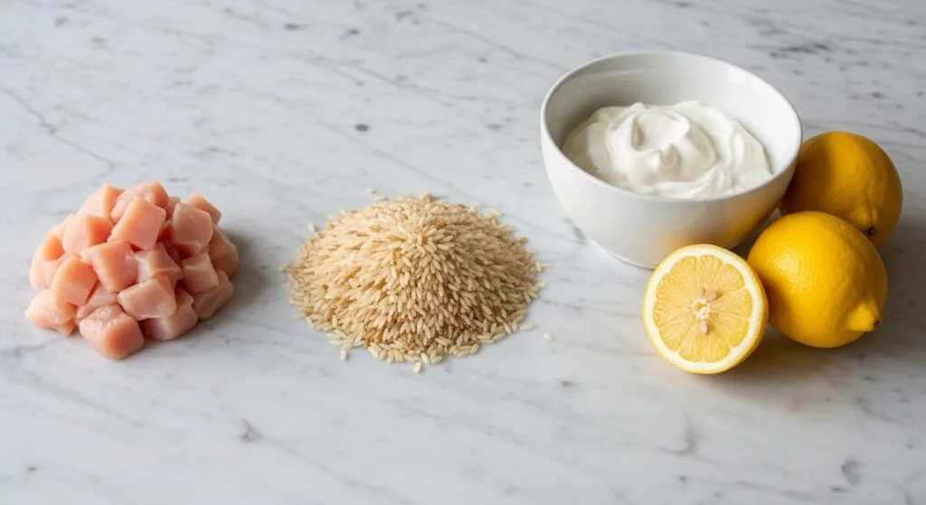Ingredients for Mediterranean chicken and rice bake including rice, chicken, and lemon.