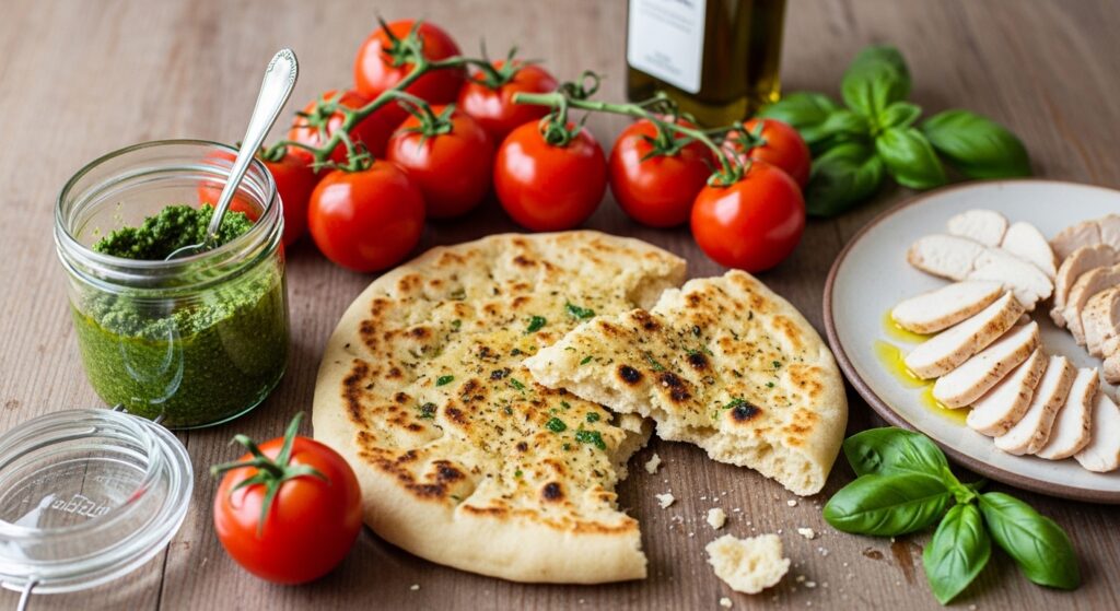 Ingredients for pesto chicken flatbread recipe including chicken, pesto, and veggies.