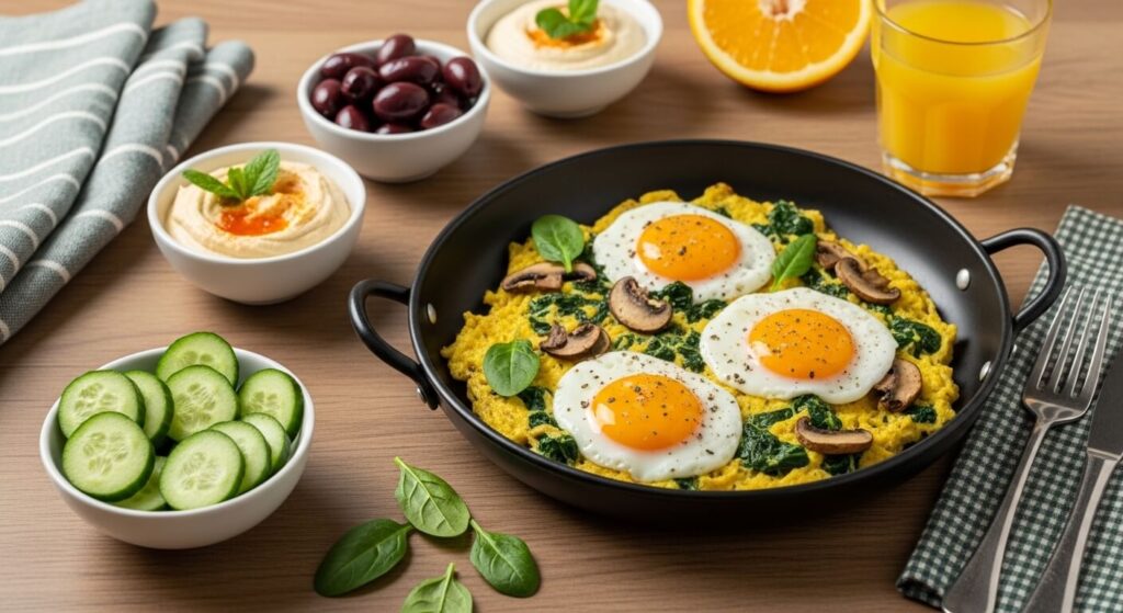 A full Mediterranean breakfast spread with mushroom spinach eggs and hummus.