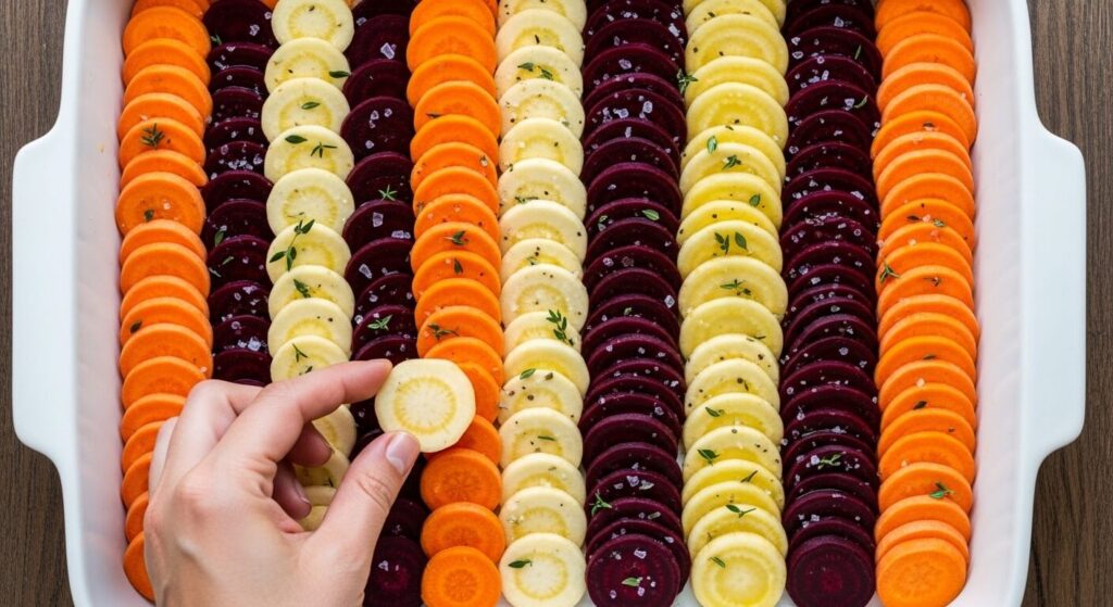 How to layer vegetables vertically in a baking dish for a Mediterranean bake.