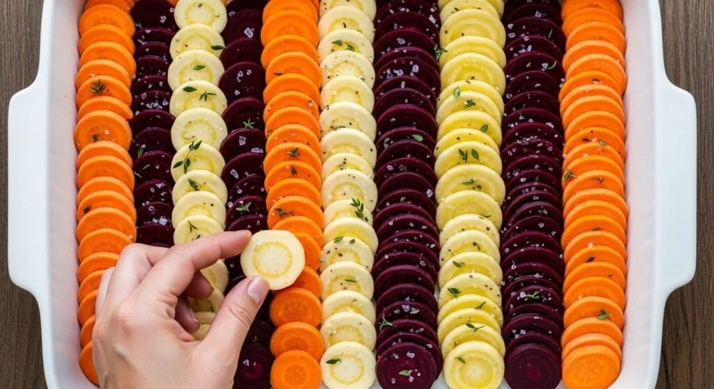 How to layer vegetables vertically in a baking dish for a Mediterranean bake.