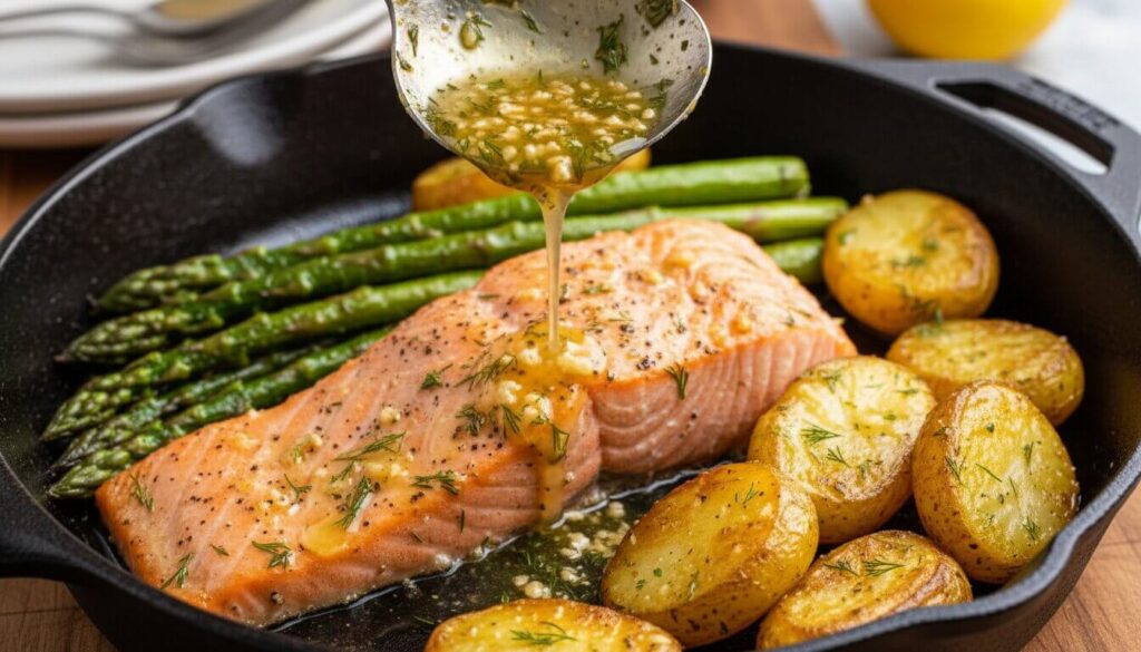 Spoon-basting garlic butter over salmon.